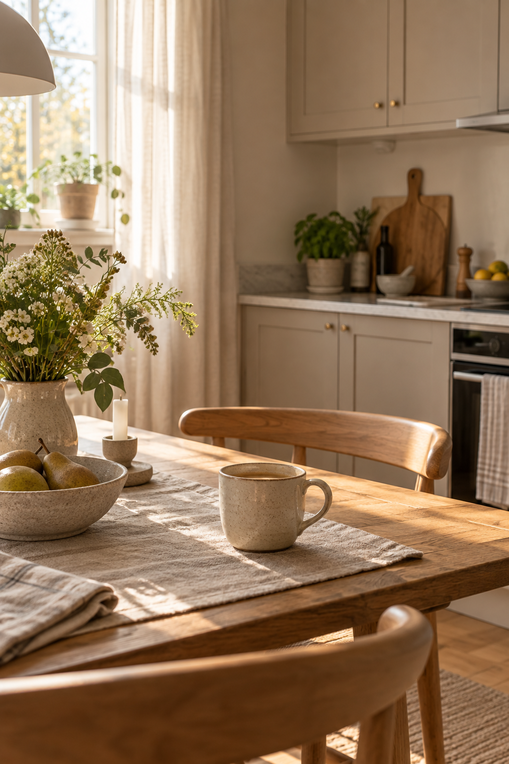 Mysigt beige kök med träbord, linne och en keramikkopp i morgonljus