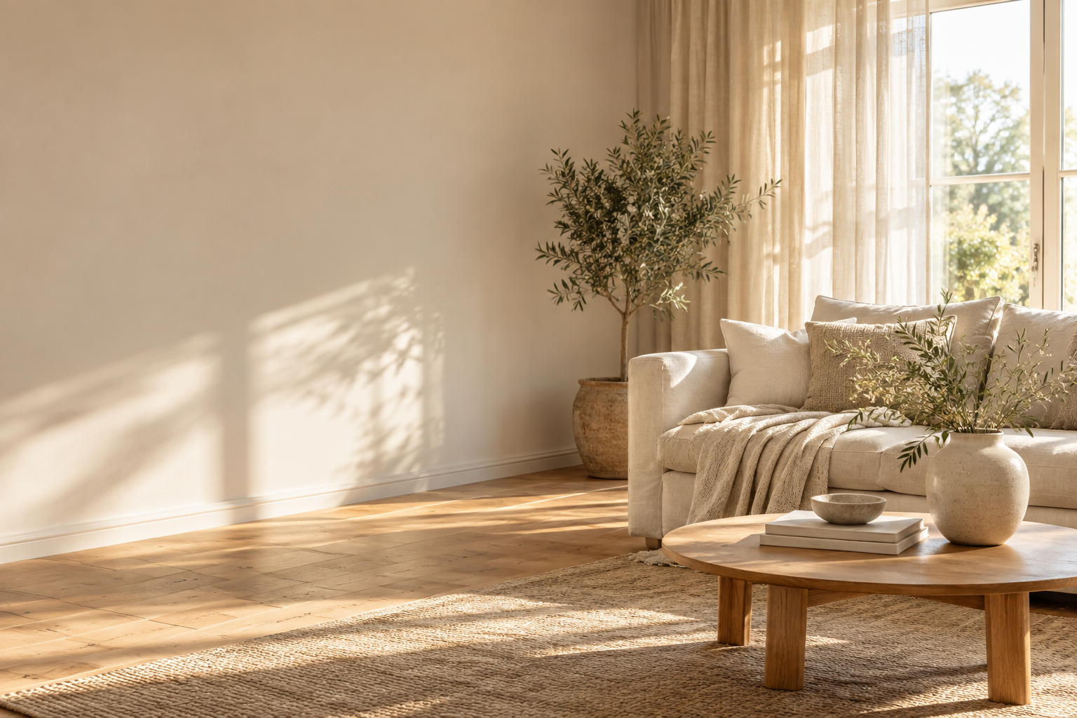 Solvarmt vardagsrum med beige linnesoffa och ett soffbord i ek